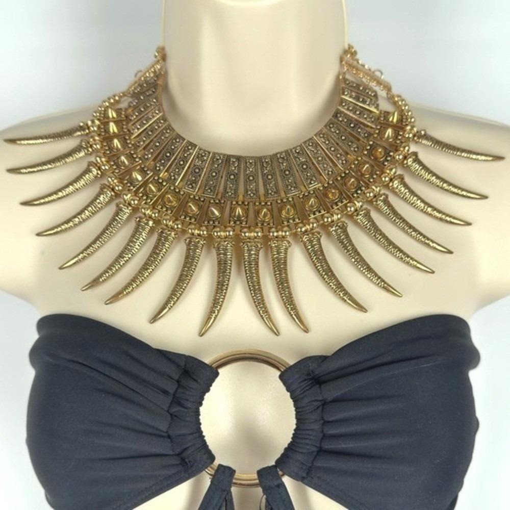 Tribal Statement Bib Necklace Gold Tone Bold Geometric - Picture 4 of 7